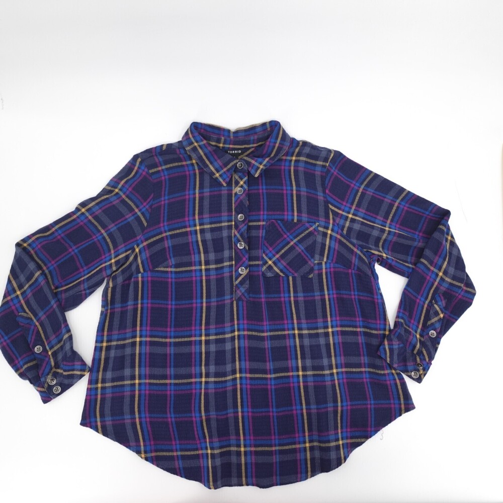 Torrid Shirt Womens 1 Plus Blue Plaid Button Collared Long Sleeve Pocket